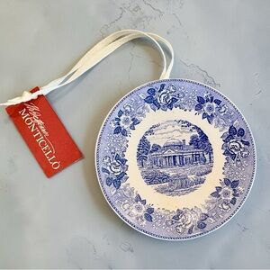 Monticello Christmas 2008 Ornament Miniature Blue & White Plate on White Ribbon